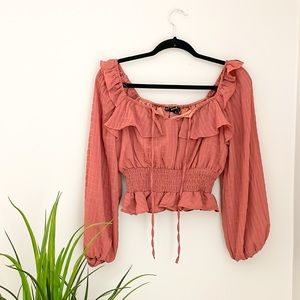 -HYFVE -Never worn -Cute frills and ruffles -Color: Rust -Self tie in front